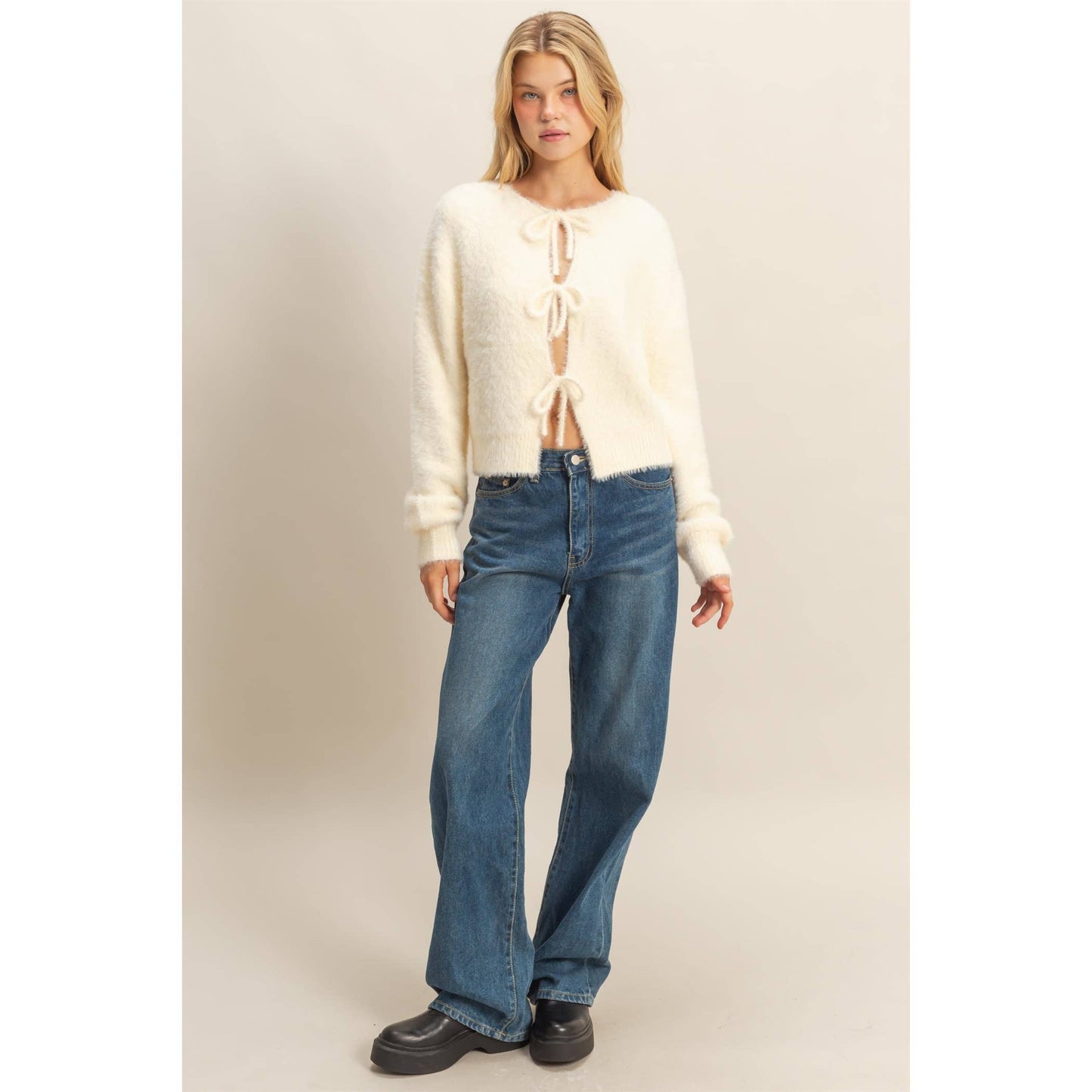 Ivory Fuzzy Bow Tie Sweater