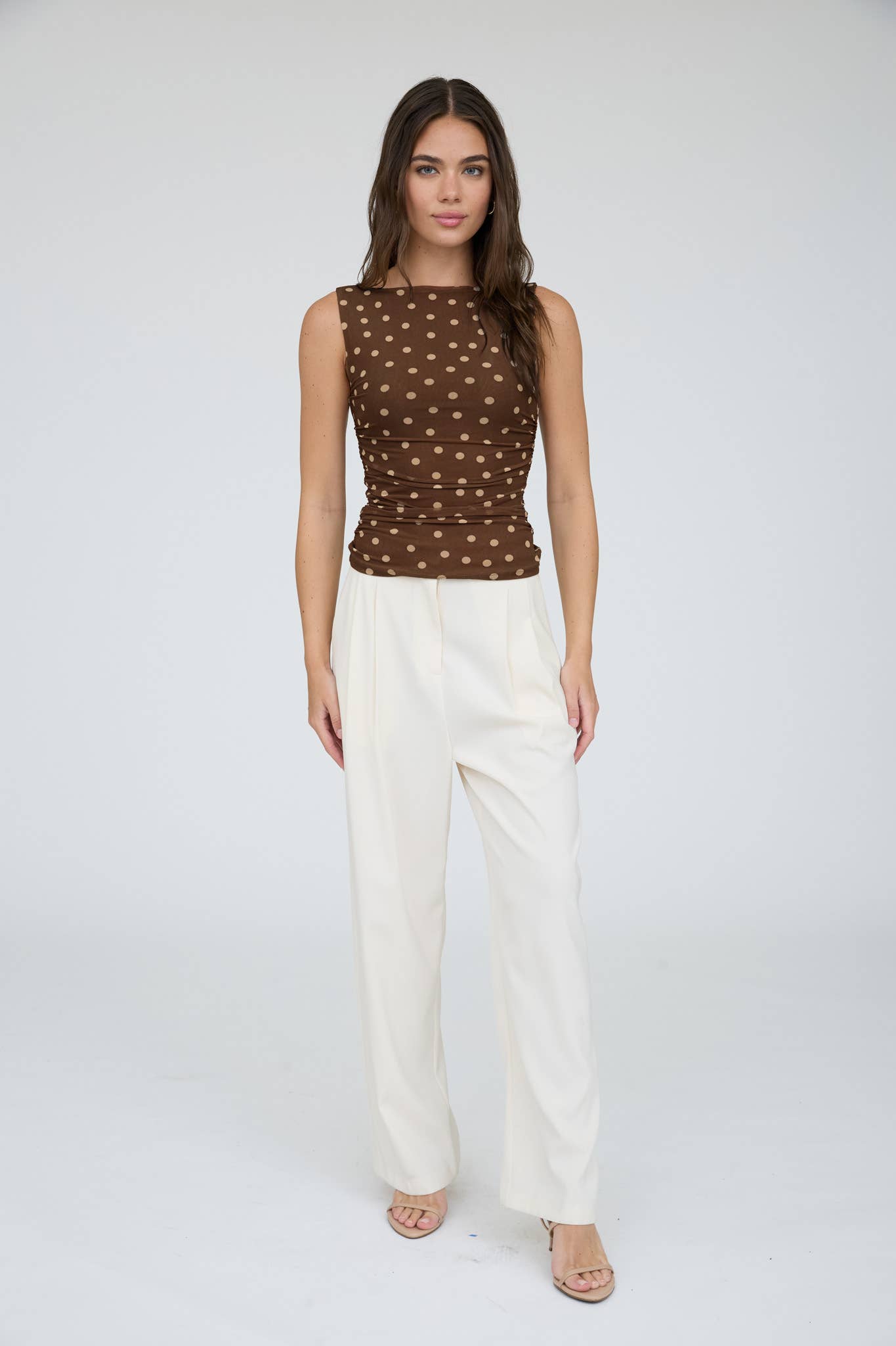 Polka Dot Boat Neck Sleeveless Mesh Top