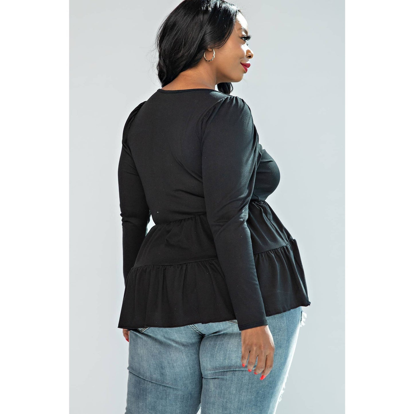 PLUS SIZE LONG PUFF SLEEVES TIERED TOP