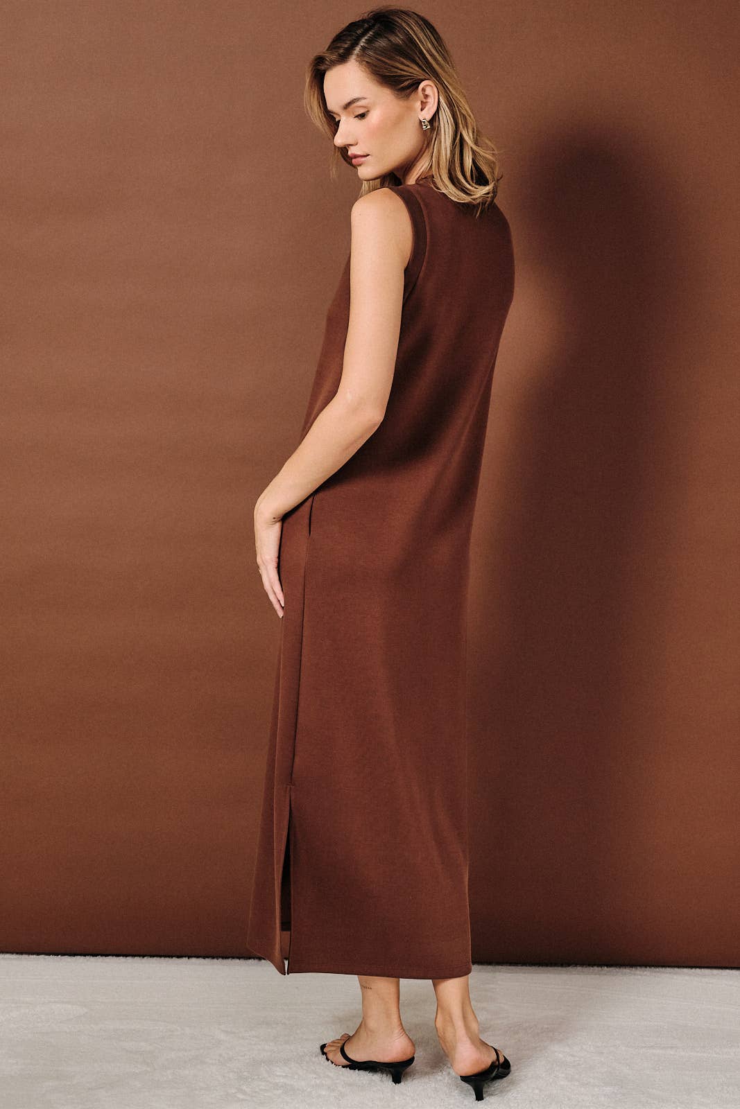 Chocolate Side Slit Crew Neck Maxi Dress