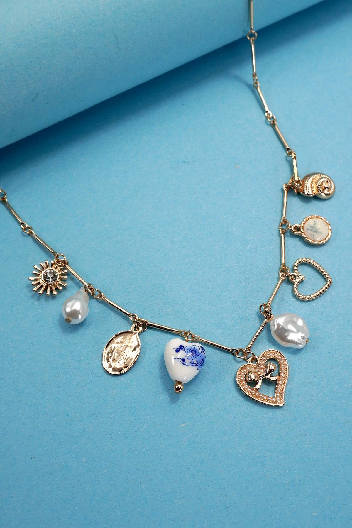 Gold Heart Pearl Charm Necklace
