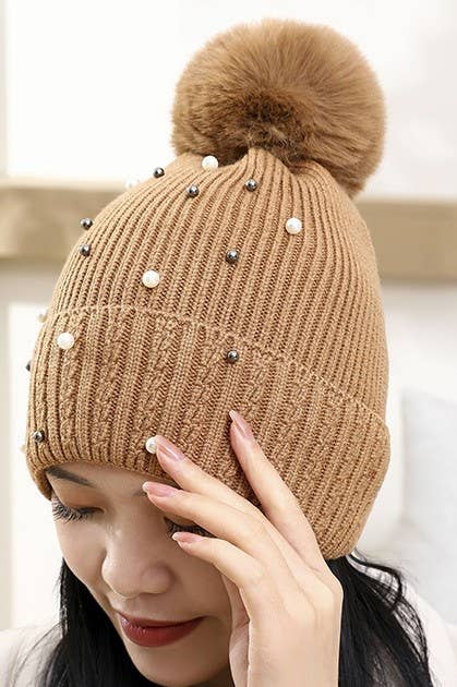 Sequin Fur Pom Pom Beanie