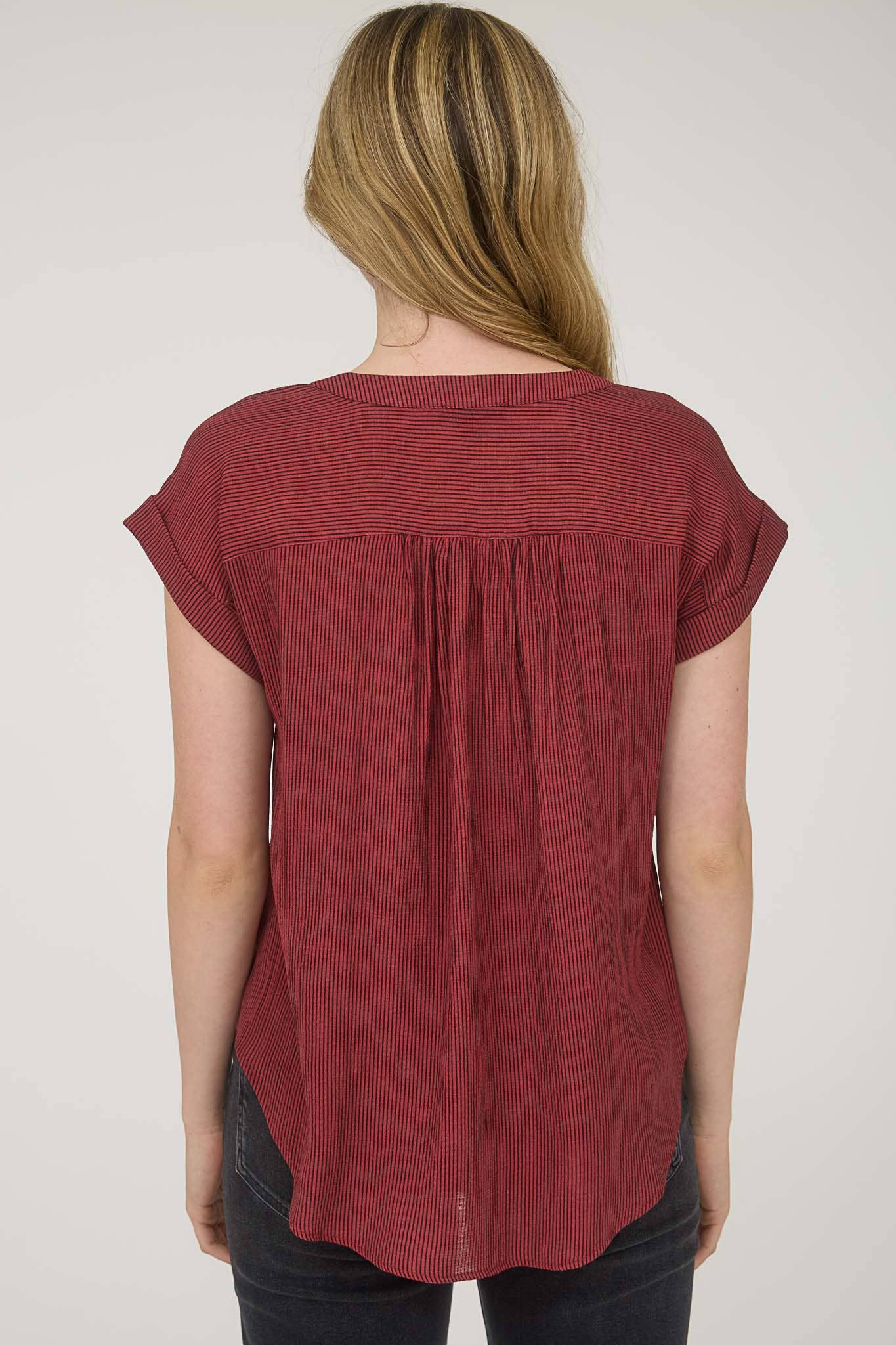Burgundy V-Neck Button Down Top