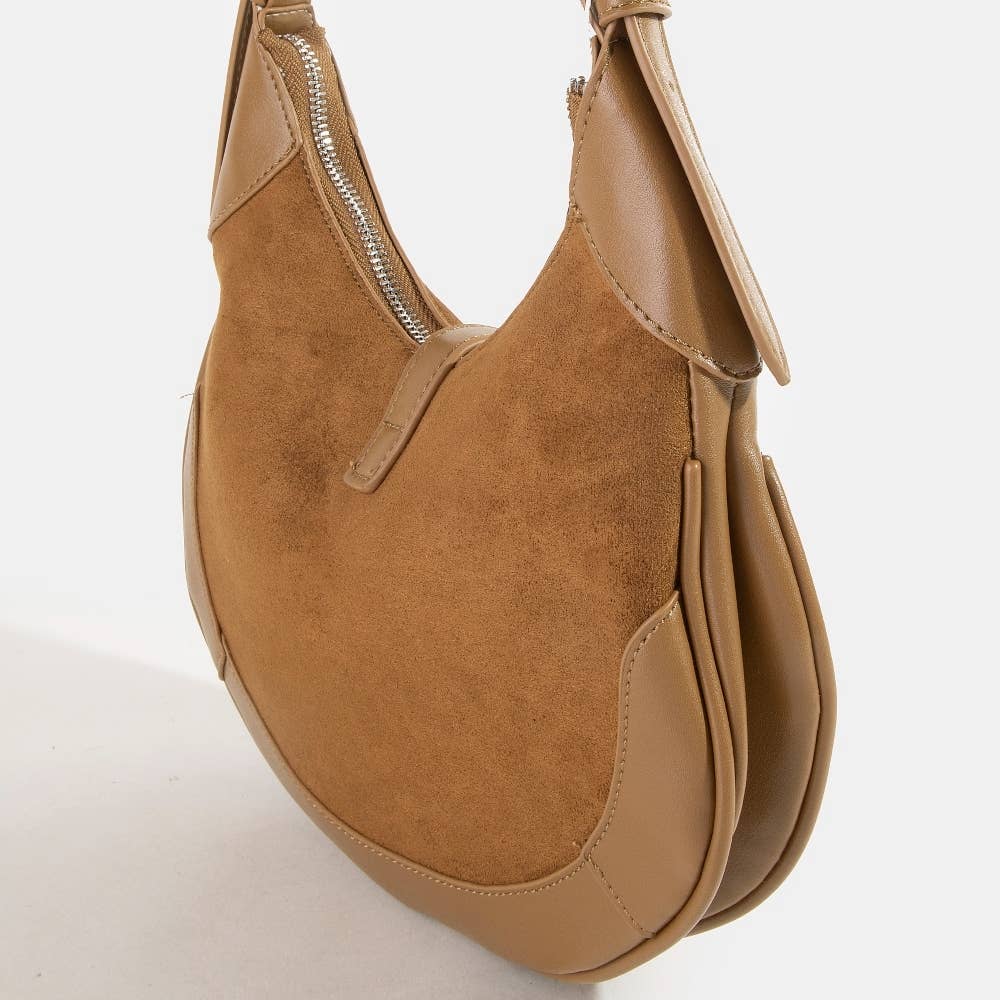 Leather Accent Suede Crescent Shoulder Bag