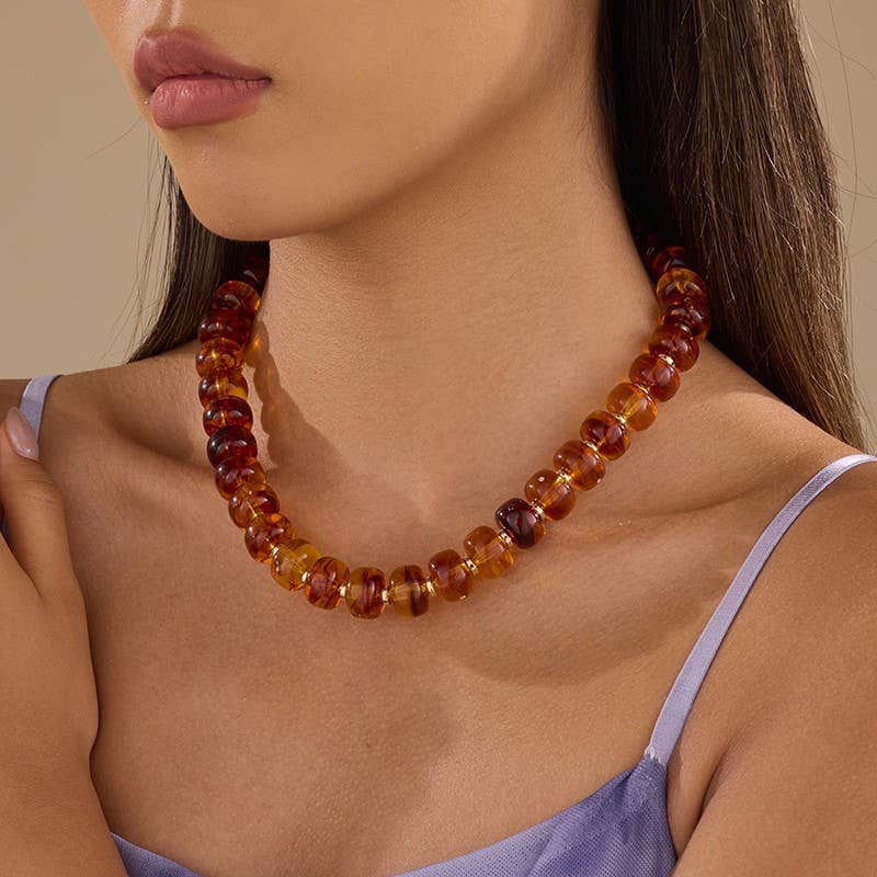 Chunky Amber-Tone Barrel Bead Necklace