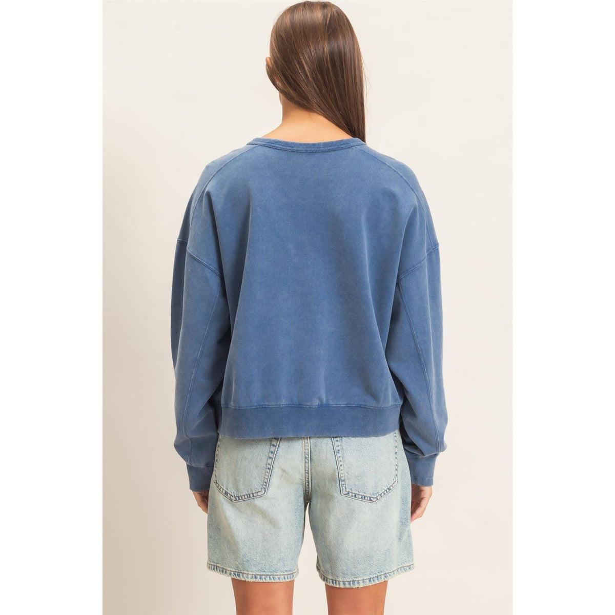Navy Acid Washed Seam Crewneck  Sweatshirt