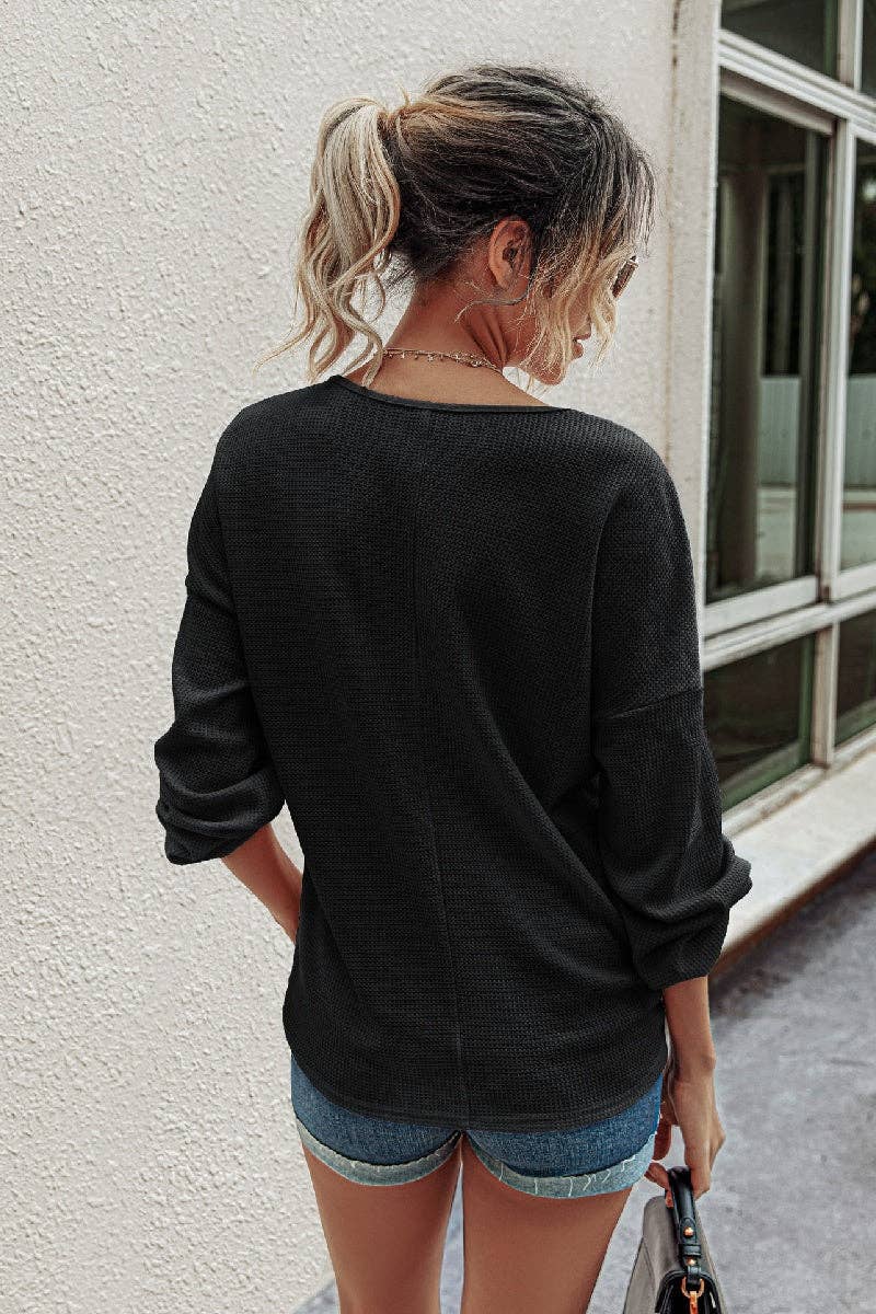 Solid Waffle Knit Button V-Neck Lantern Sleeve Shirt