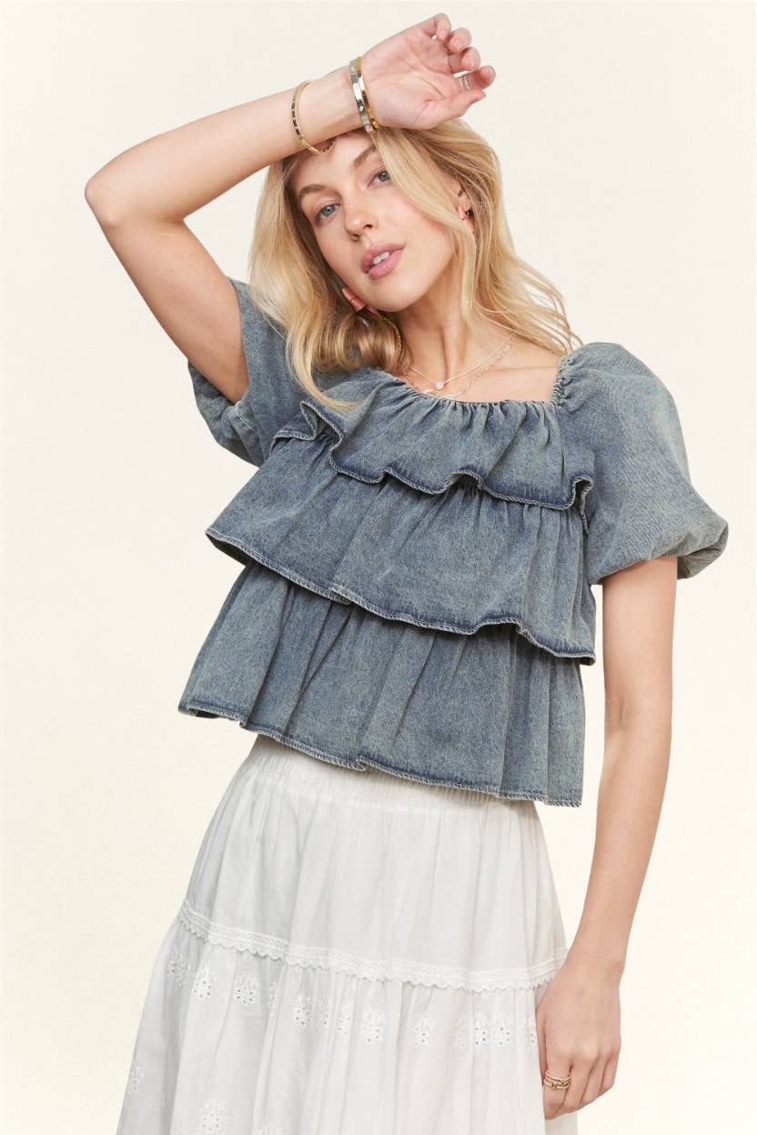 Washed Denim Tiered Ruffle Top
