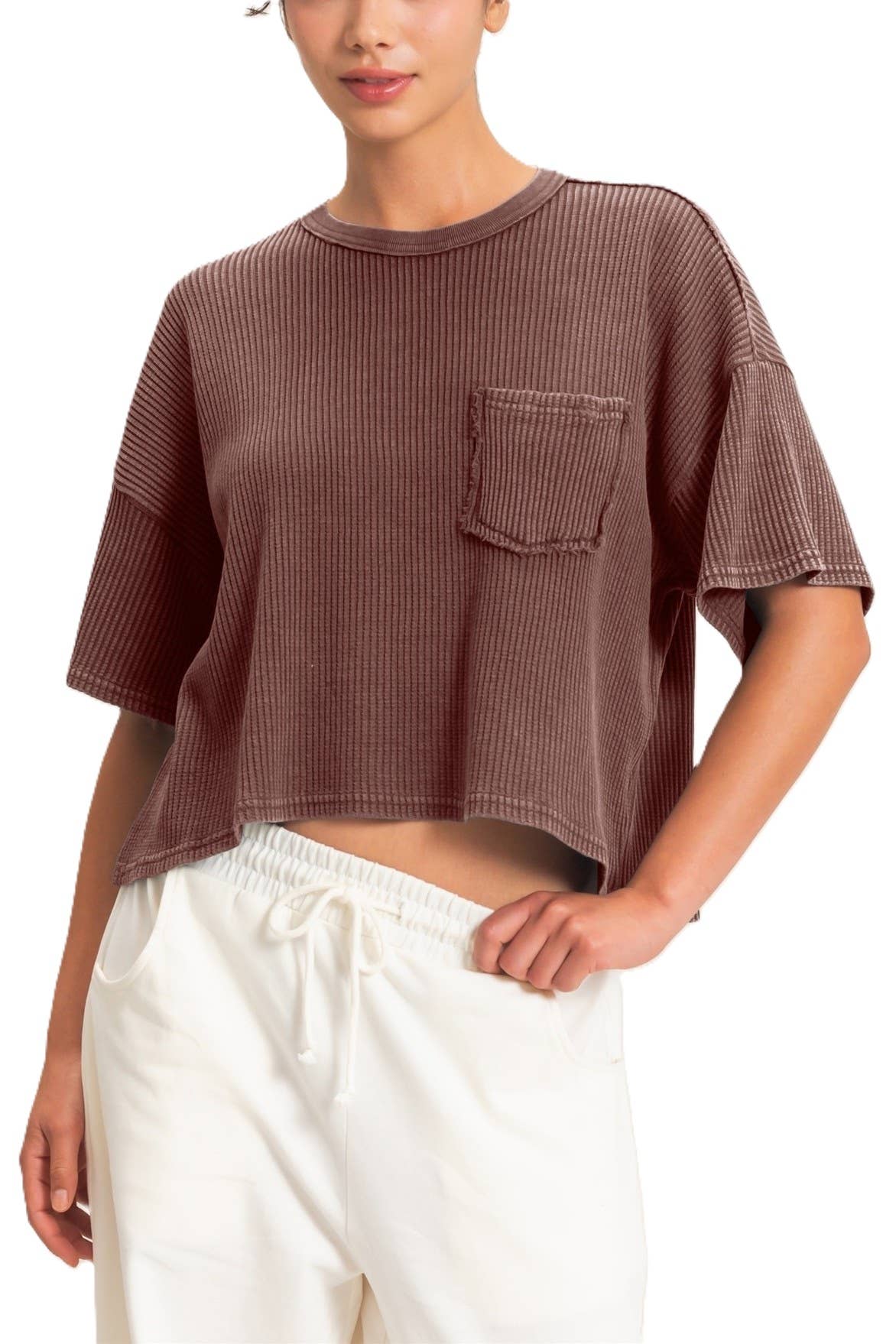 Mineral Wash Waffle Knit Pocket Top