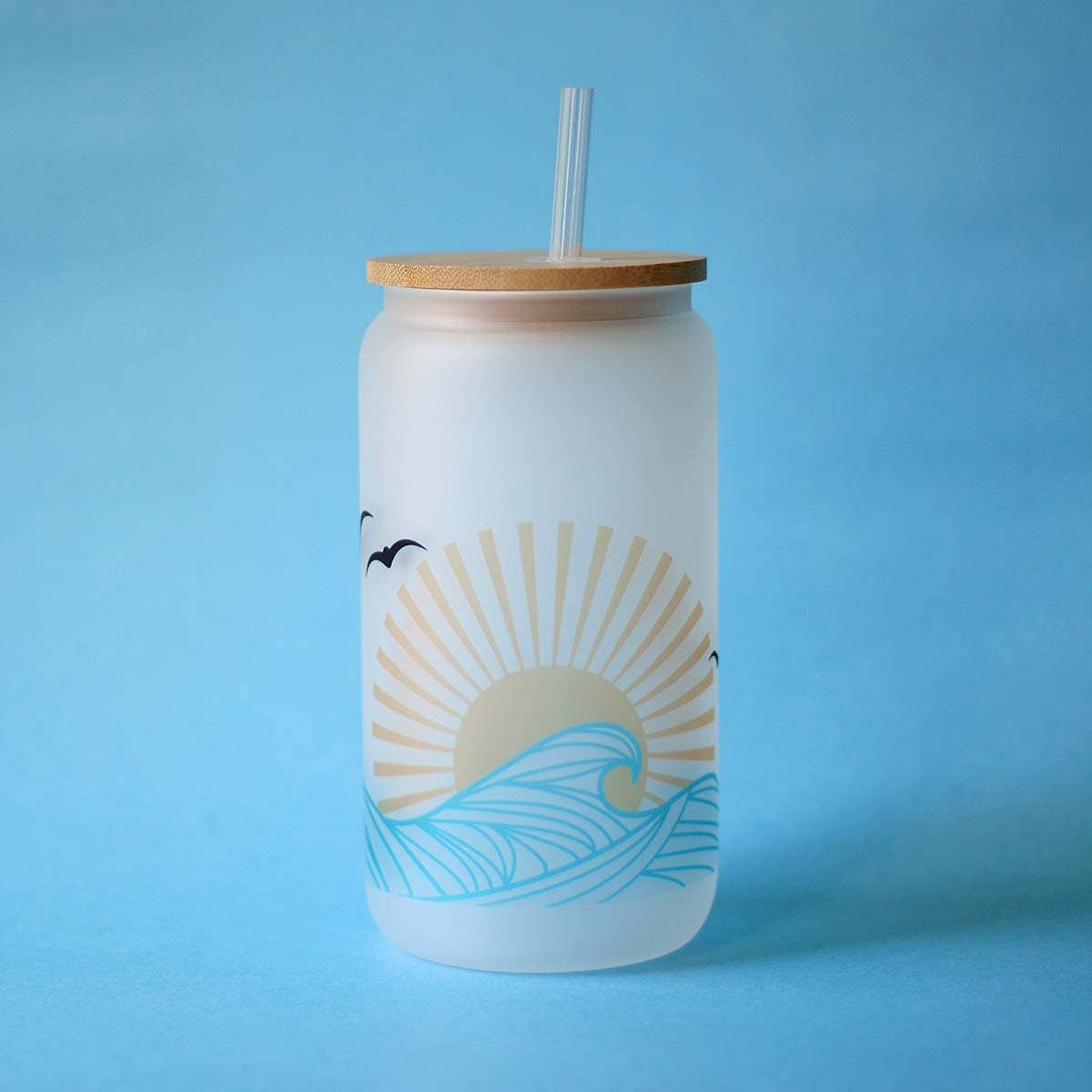 Summer Waves Glass Can Cup + Lid/Straw