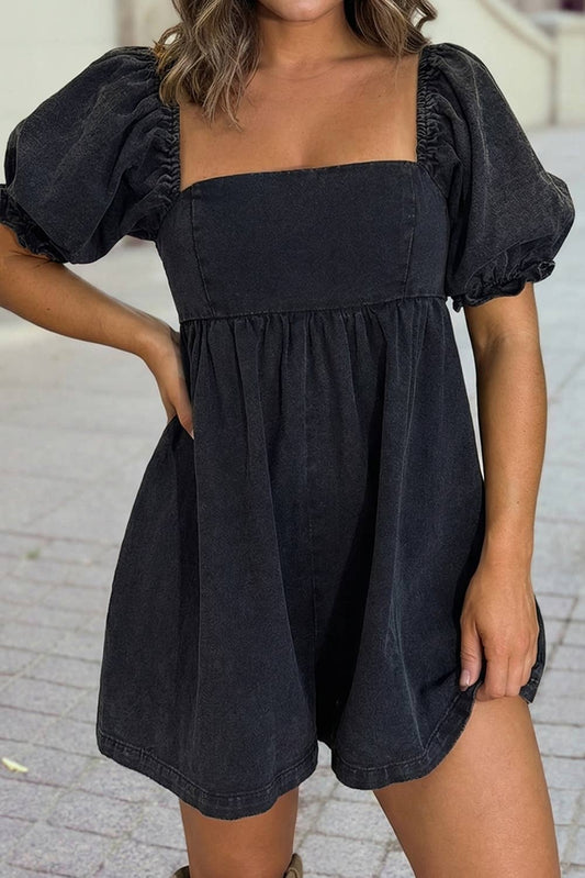 Denim Square Neck Smocked Short Puff Sleeve Flared Romper