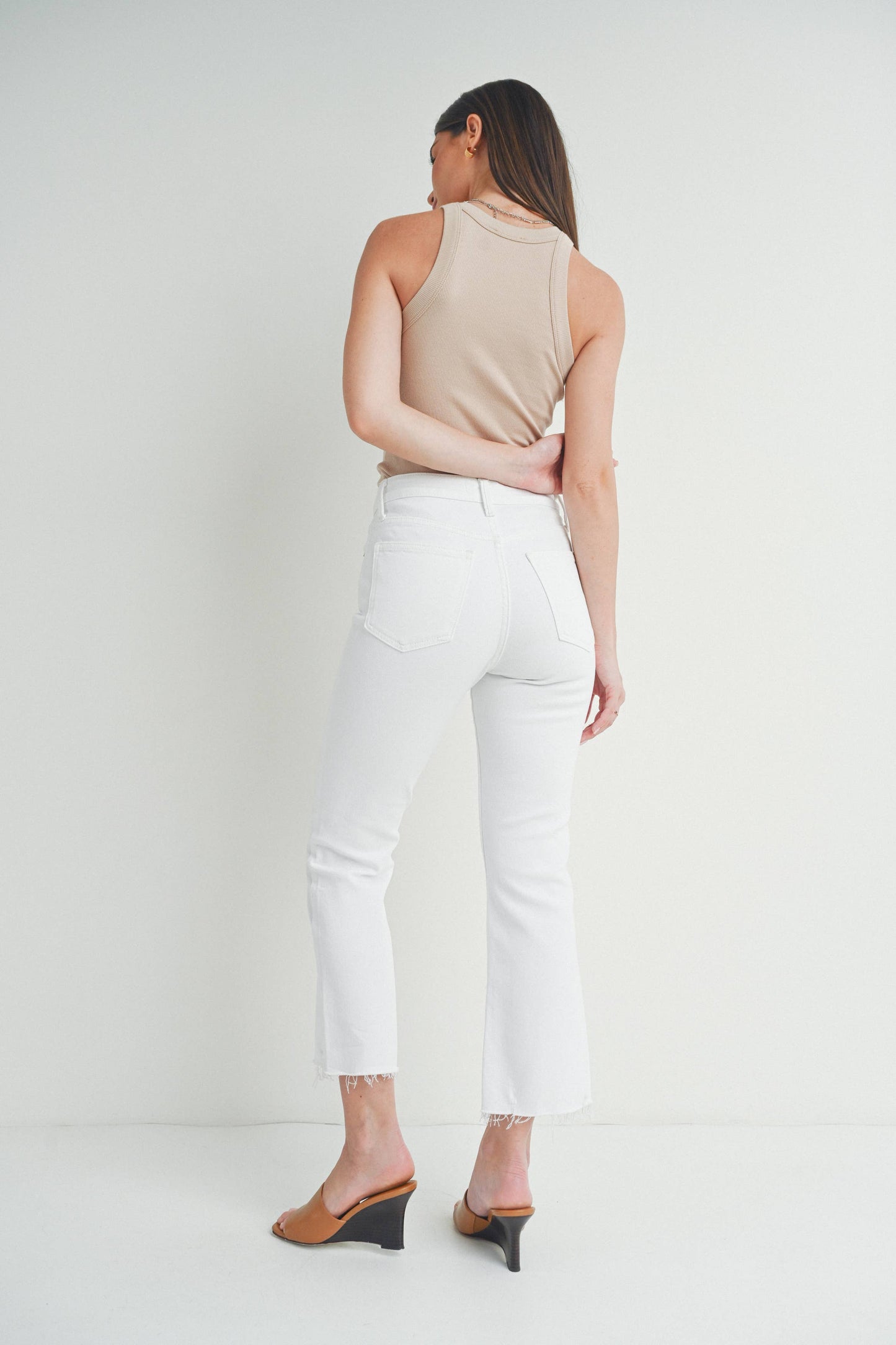 High Rise Crop Flare Jeans w/ Distressed Hem