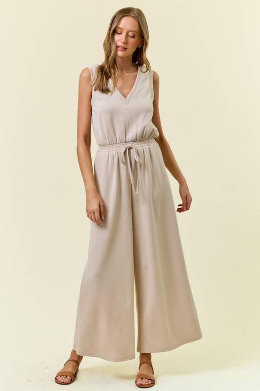 Oat V-Neck Brushed Modal Wide Leg Jumpsuit