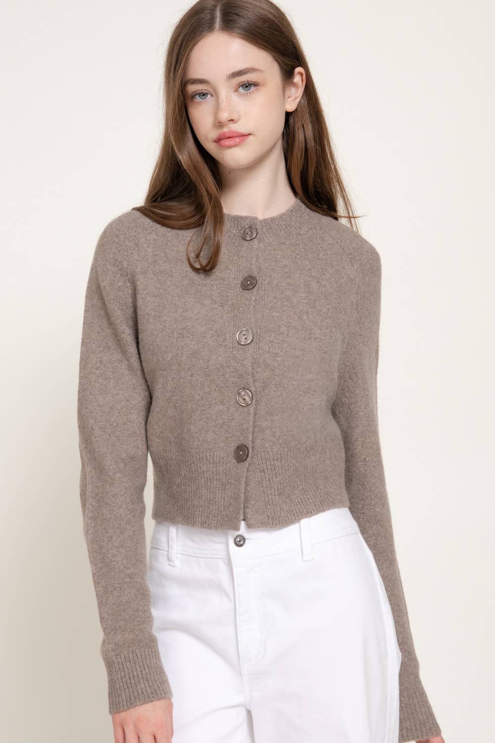 Taupe Round Neck Button Down Cardigan