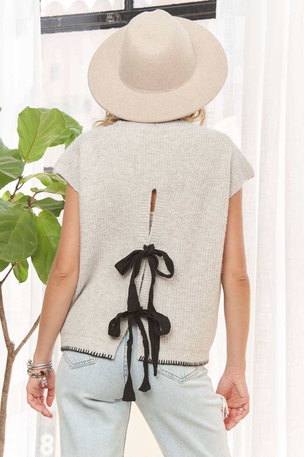 Ribbon Tie Back Sweater Top