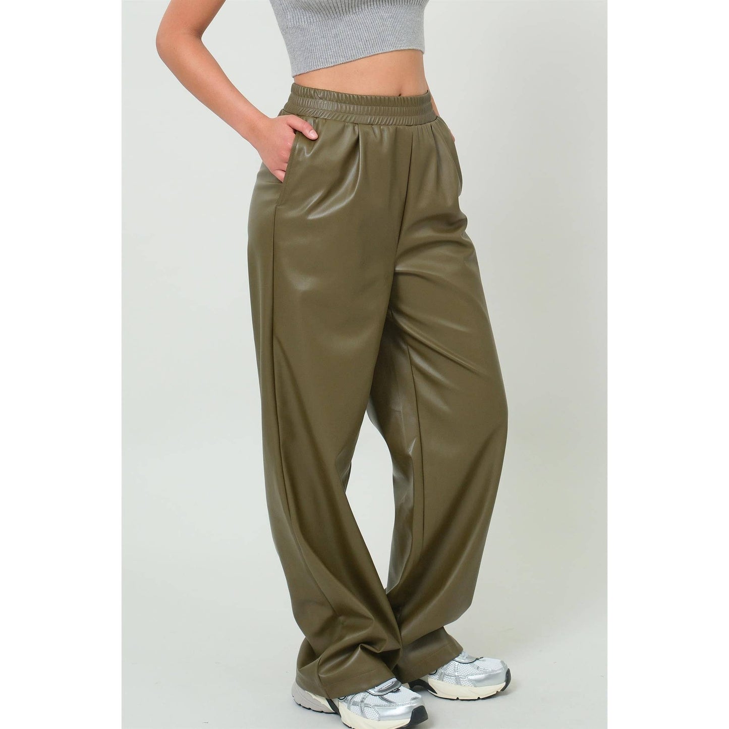 Olive Leather High Waist Pants