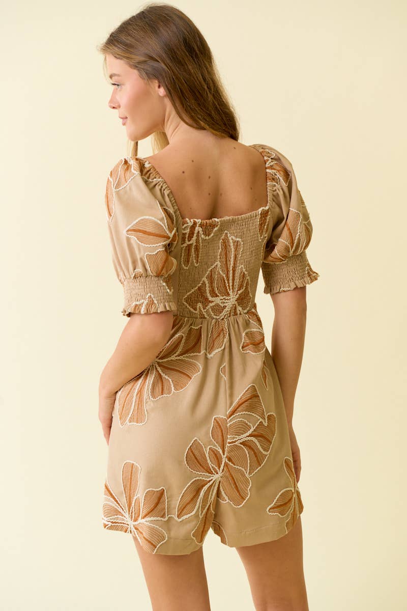 Beige Floral Print Babydoll Romper