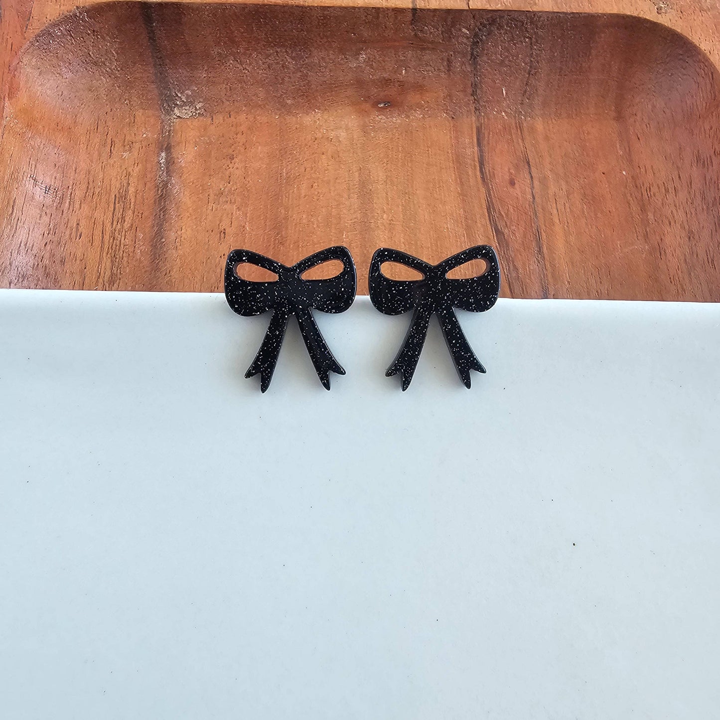 Black Glitter Bow Stud Halloween Earrings