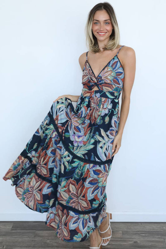 Floral V-Neck Twist Front Cut Out Maxi Dress