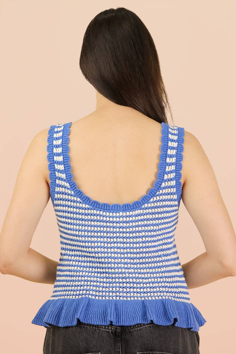 Blue Ruffle Hem Striped Sleeveles Top
