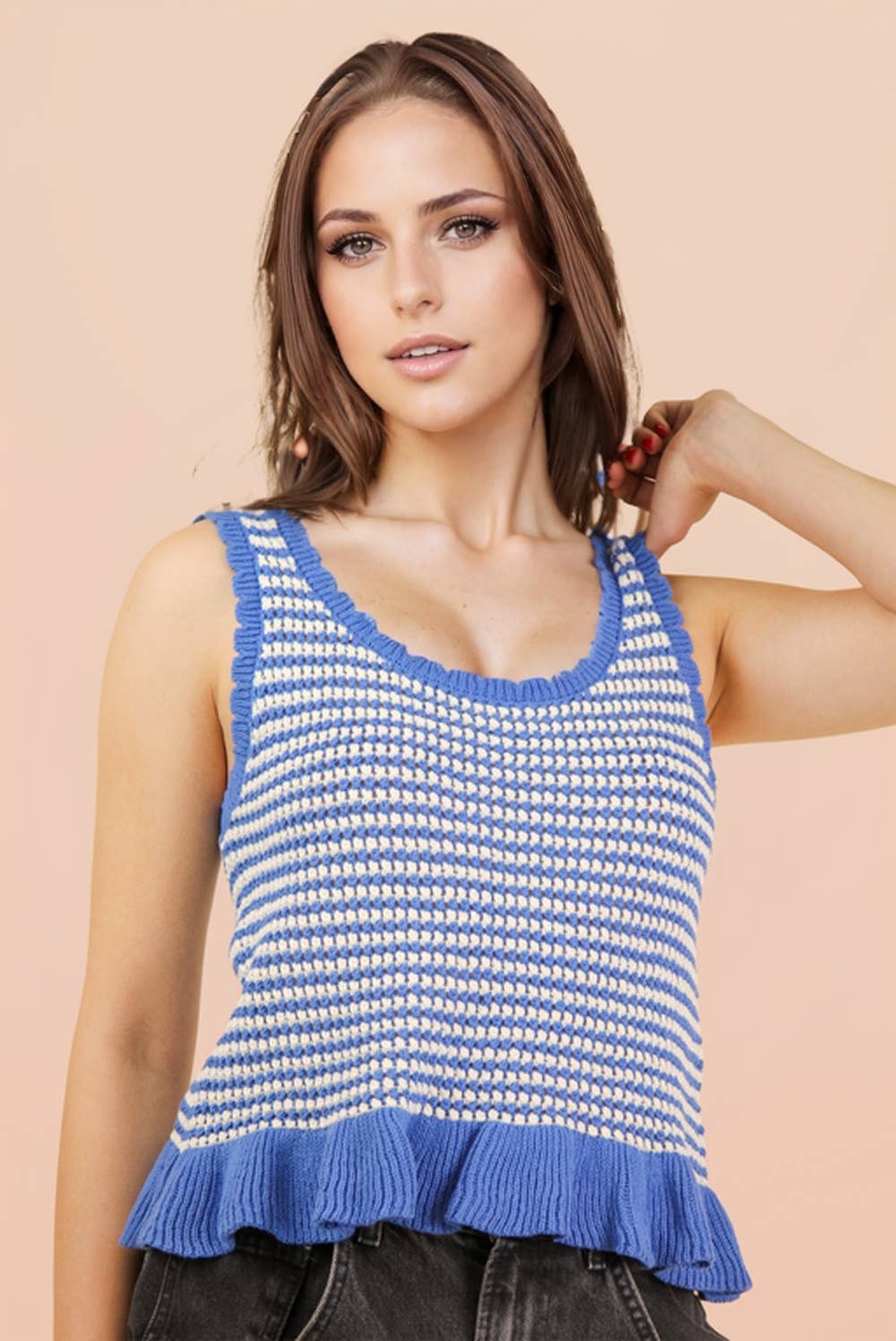 Blue Ruffle Hem Striped Sleeveles Top