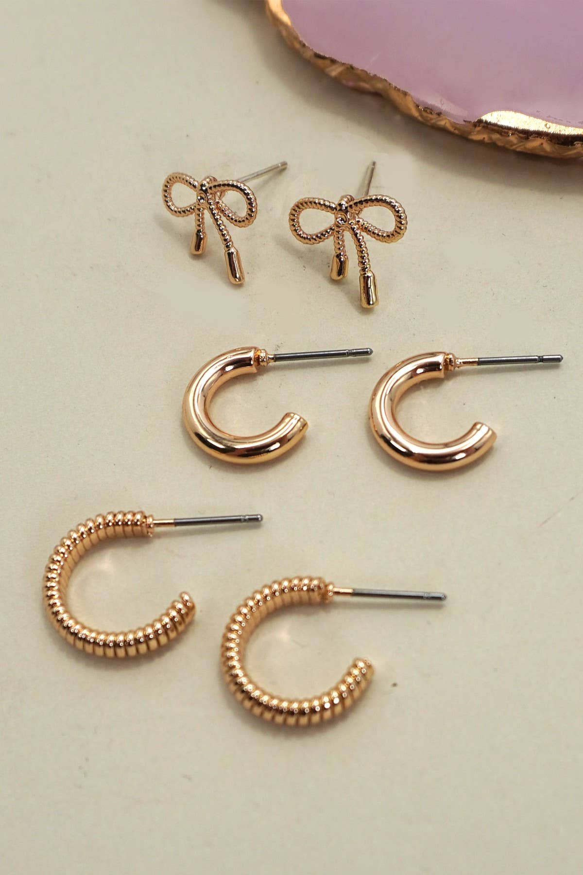 Gold Mini Bow Huggie Hoop Trio