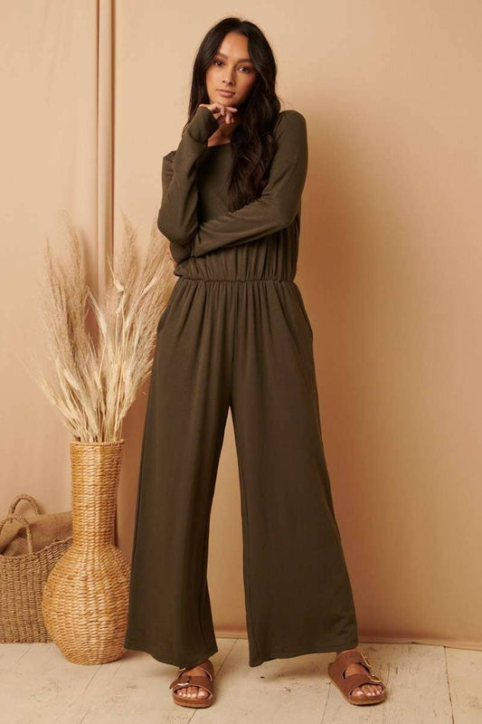 Olive Round Neck Pocket Jumpsuit