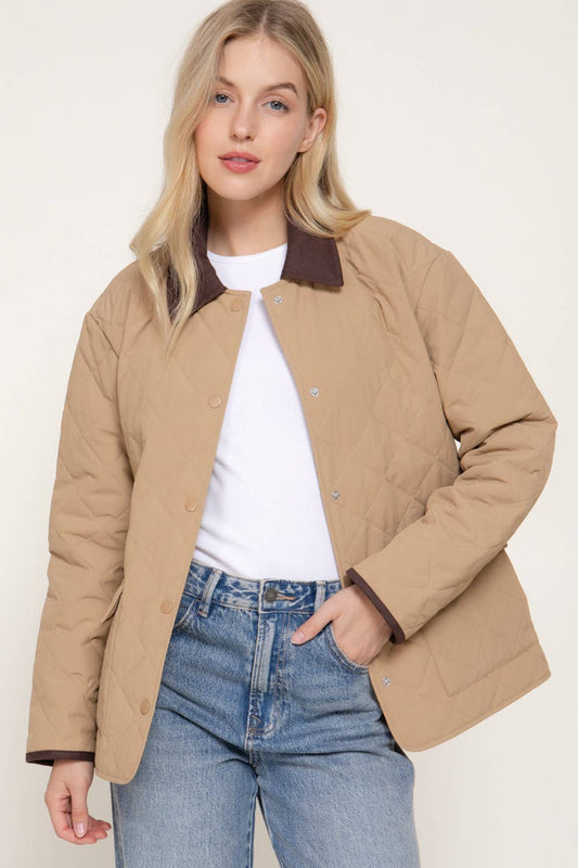 Dark Beige Lapel Collar Quilted Puffer Jacket
