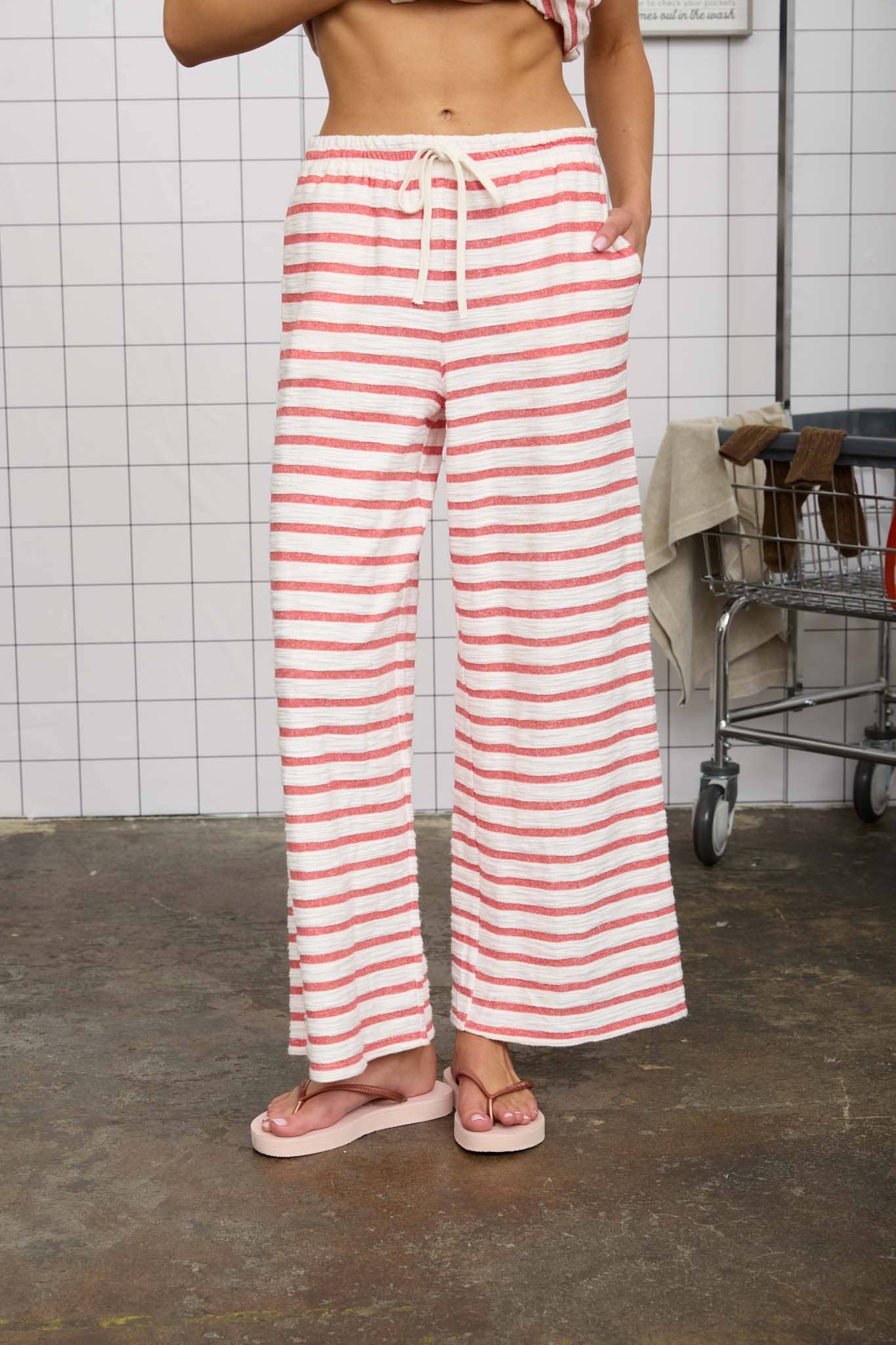 STRIPE DRAWSTRING WIDE LEG KNIT LOUNGE PANTS