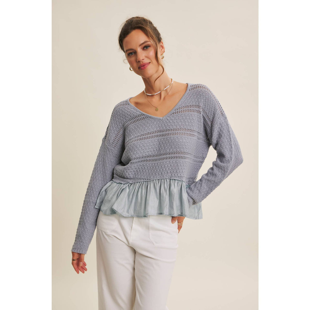 Slate Blue Ruffle Hem Crochet Sweater