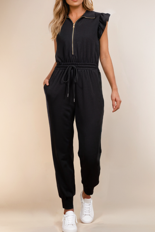Zipper Front Drawstring High Waist Jumpsuit