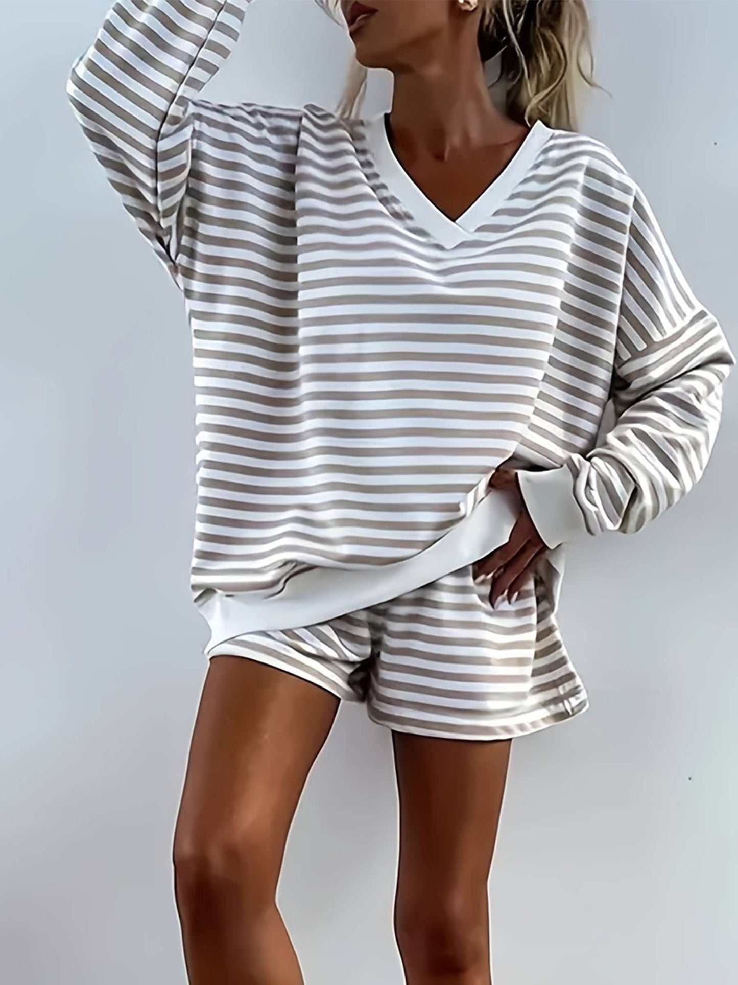 Striped Long Sleeved V-Neck Top & Shorts Set