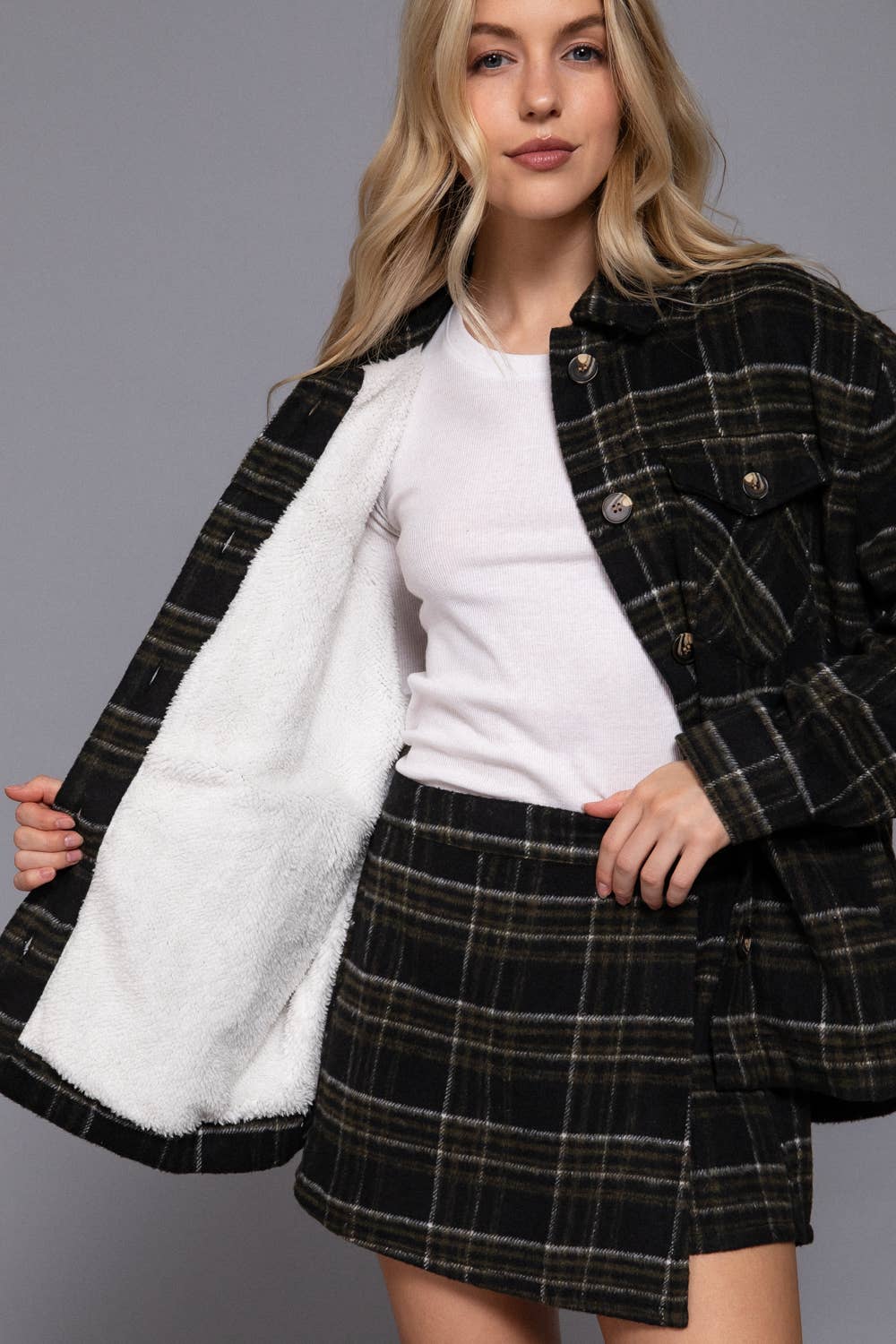 Brushed Plaid Inside Fur Jacket