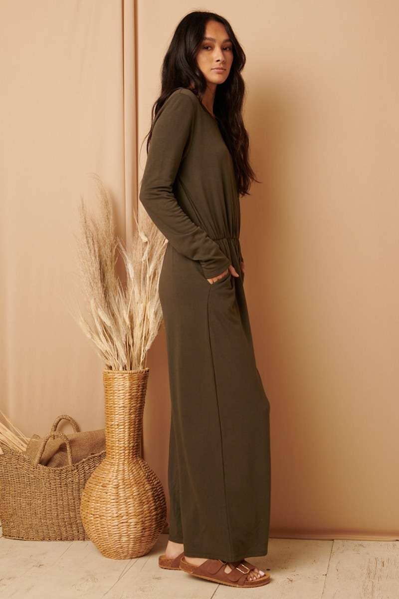 Olive Round Neck Pocket Jumpsuit