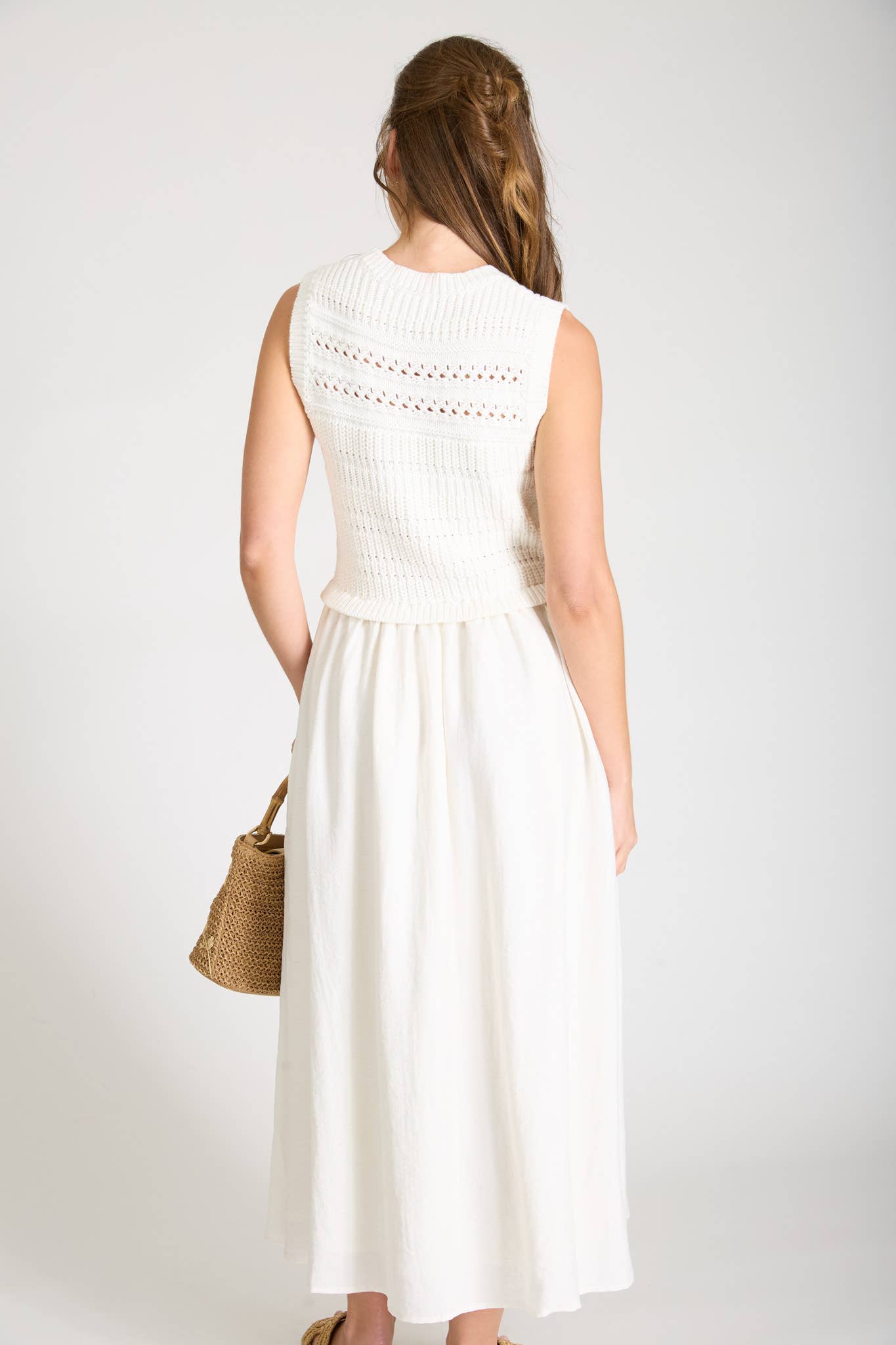 Cream Mix Media Sleeveless Midi Dress