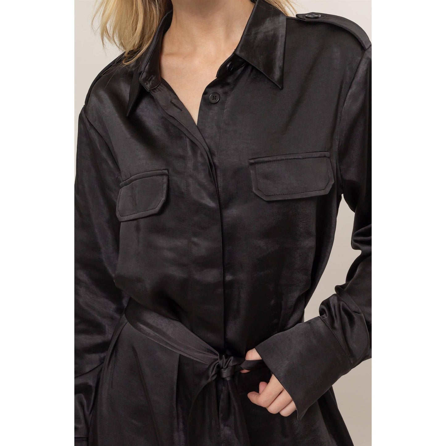 Black Satin Belted Midi Dress