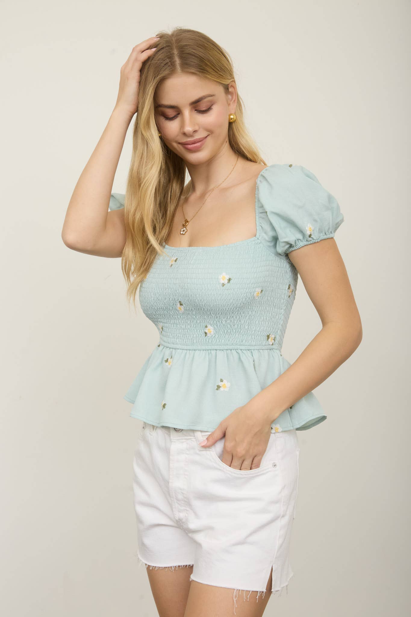 Dusty Mint Floral Embroidered Sleeve Top