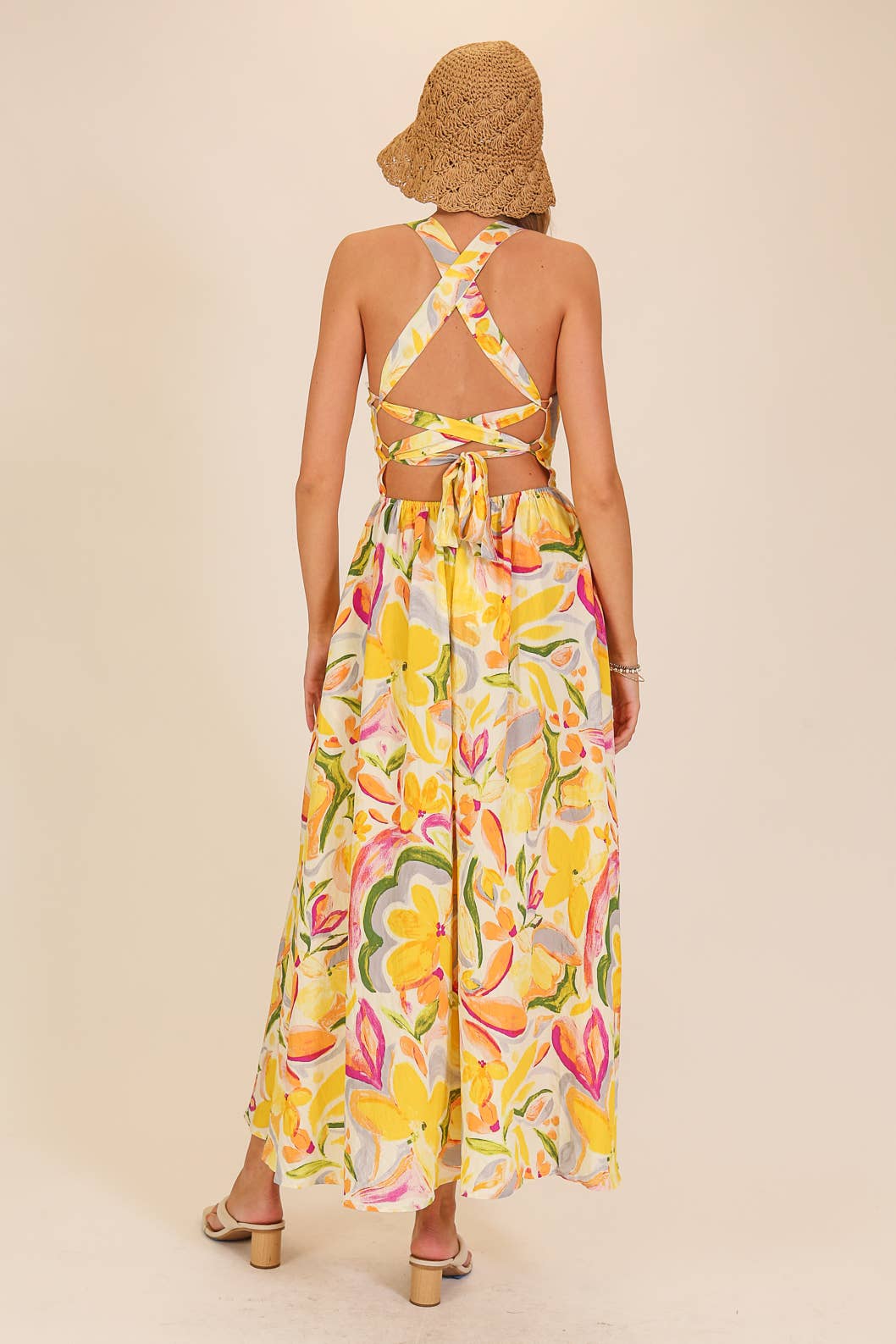 Yellow Floral Lace-Up Maxi Dress