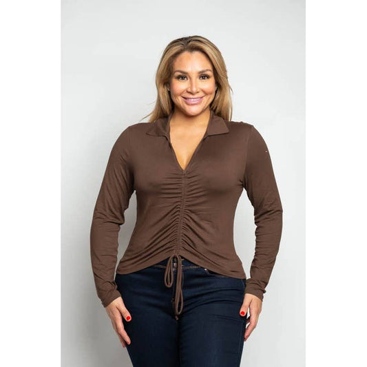 PLUS SIZE COLLARED RUCHED DRAWSTRING FRONT KNIT TOP