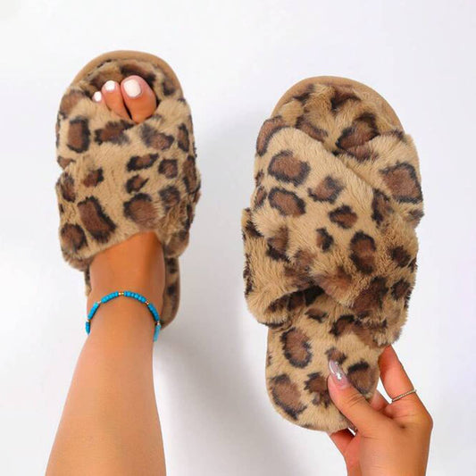 LEOPARD PATTERN CROSS FLUFFY SLIPPERS